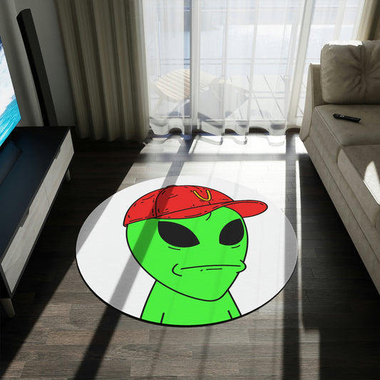 Green Visitor Alien Large Face Red V Hat Round Rug - Visitor751