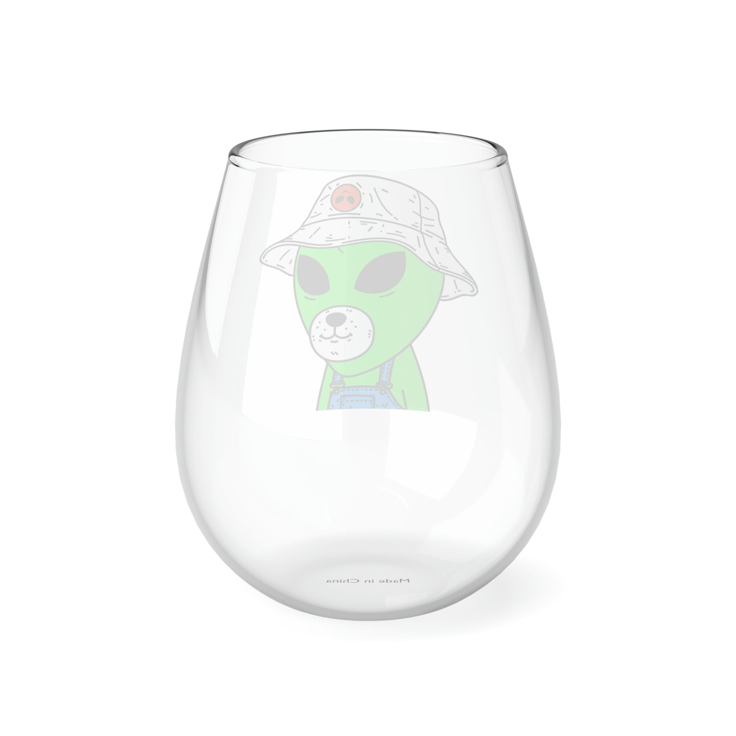 Green Dog Face Visitor Alien Hat Farmer Trousers Stemless Wine Glass, 11.75oz