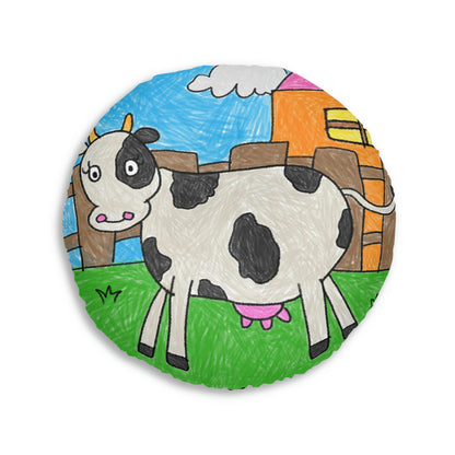 Cow Moo Farm Barn Animal Character Tufted Floor Pillow, Round