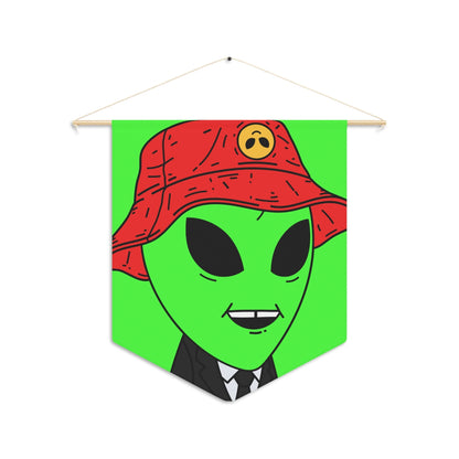 Extra Green Alien Black Suit Business Visitor Red Visi Hat Chipped Tooth Smile Pennant