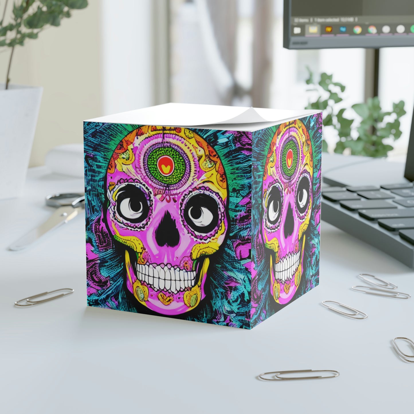 Cubo de notas con cara de cabeza de esqueleto de calavera psicodélica trippy 