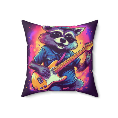 Furry Raccoon Guitarist - Rock Star Animal Music Decor Spun Polyester Square Pillow