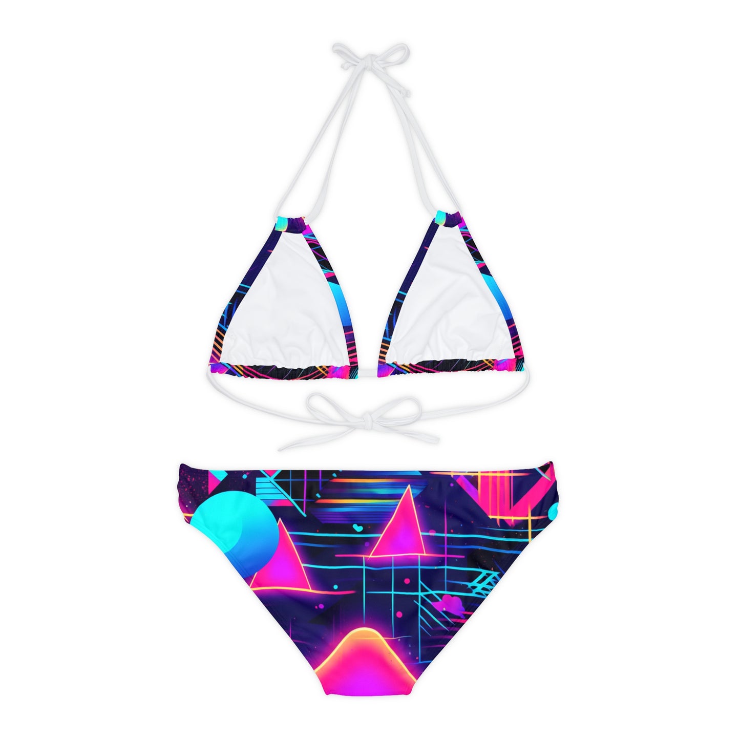 80s Synthwave Retro-Futuristic Inspired Pattern Design Strappy Bikini Set (AOP)