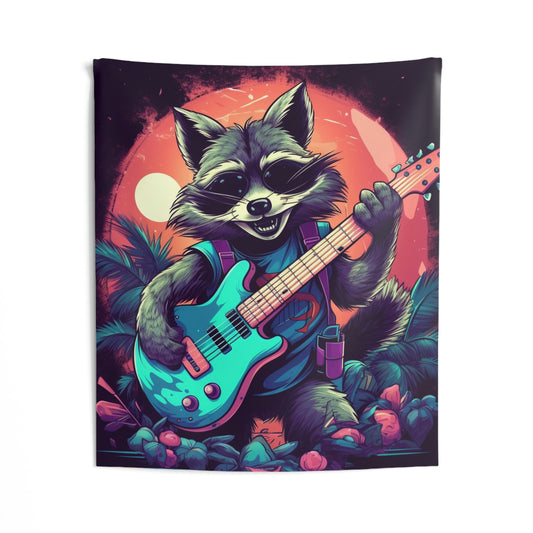 Furry Raccoon Guitarist: Animal Musician Rock Star Indoor Wall Tapestries