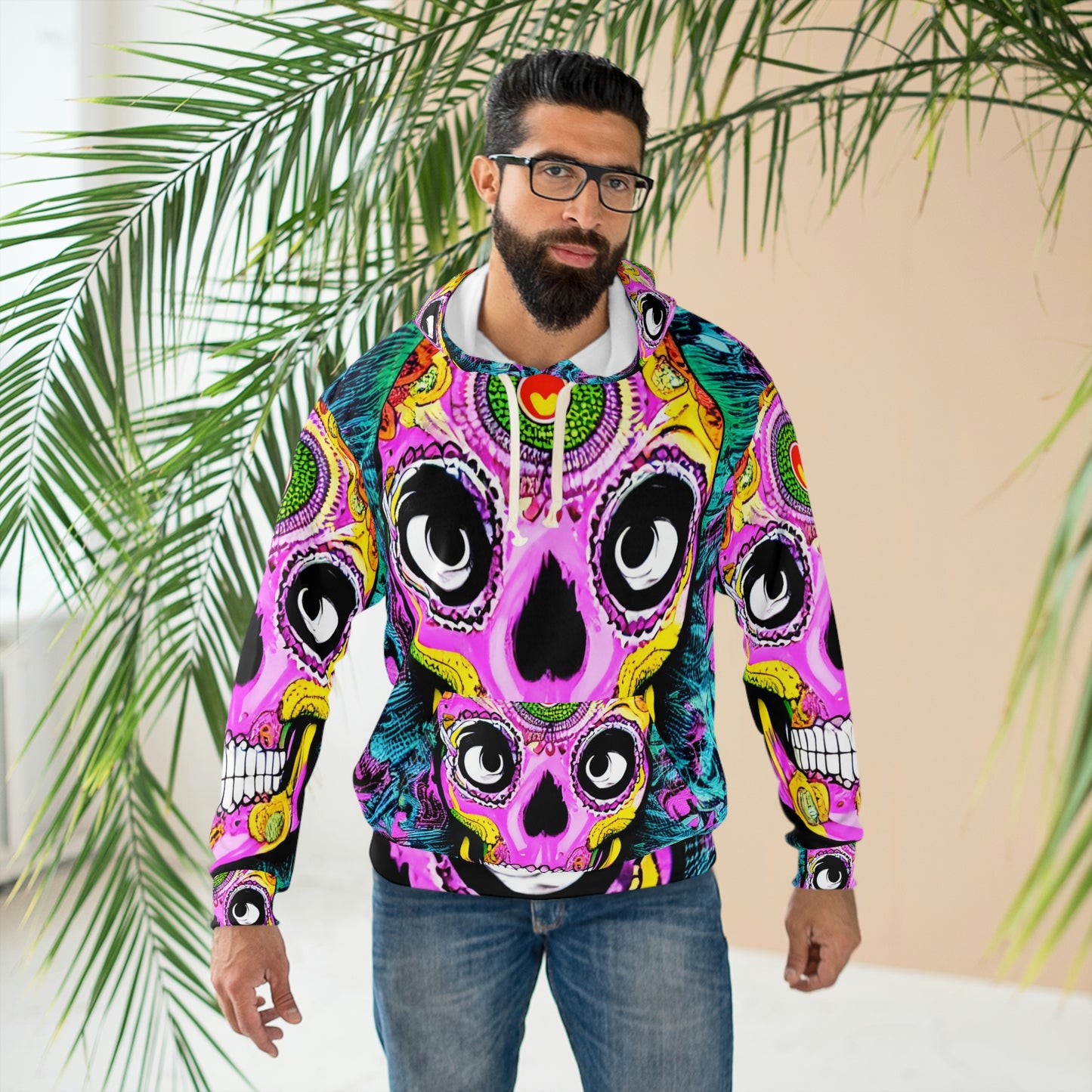 Trippy psicodélico cráneo esqueleto cabeza cara AOP unisex sudadera con capucha 