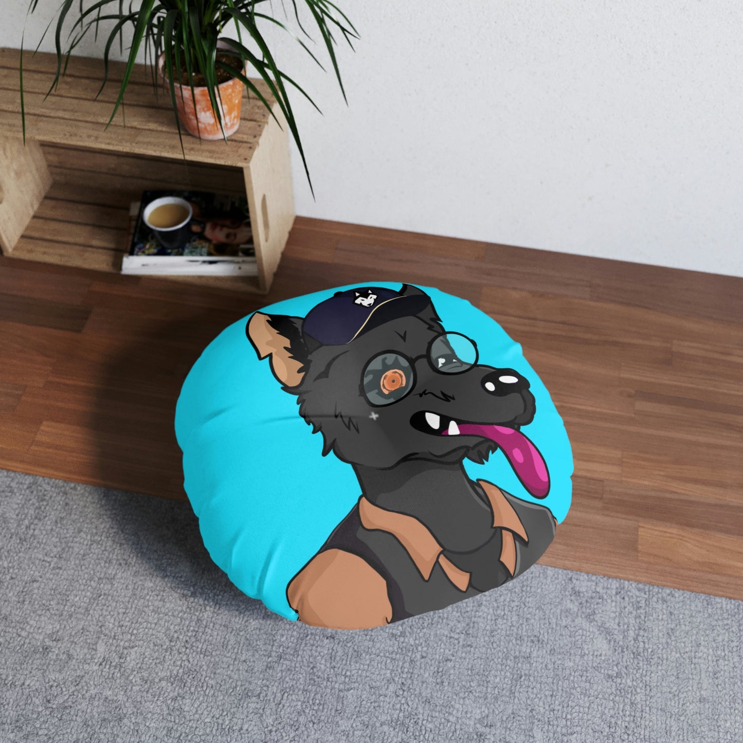 Cyborg Wolf Detective Tongue Out Round Glasses Tufted Floor Pillow, Round