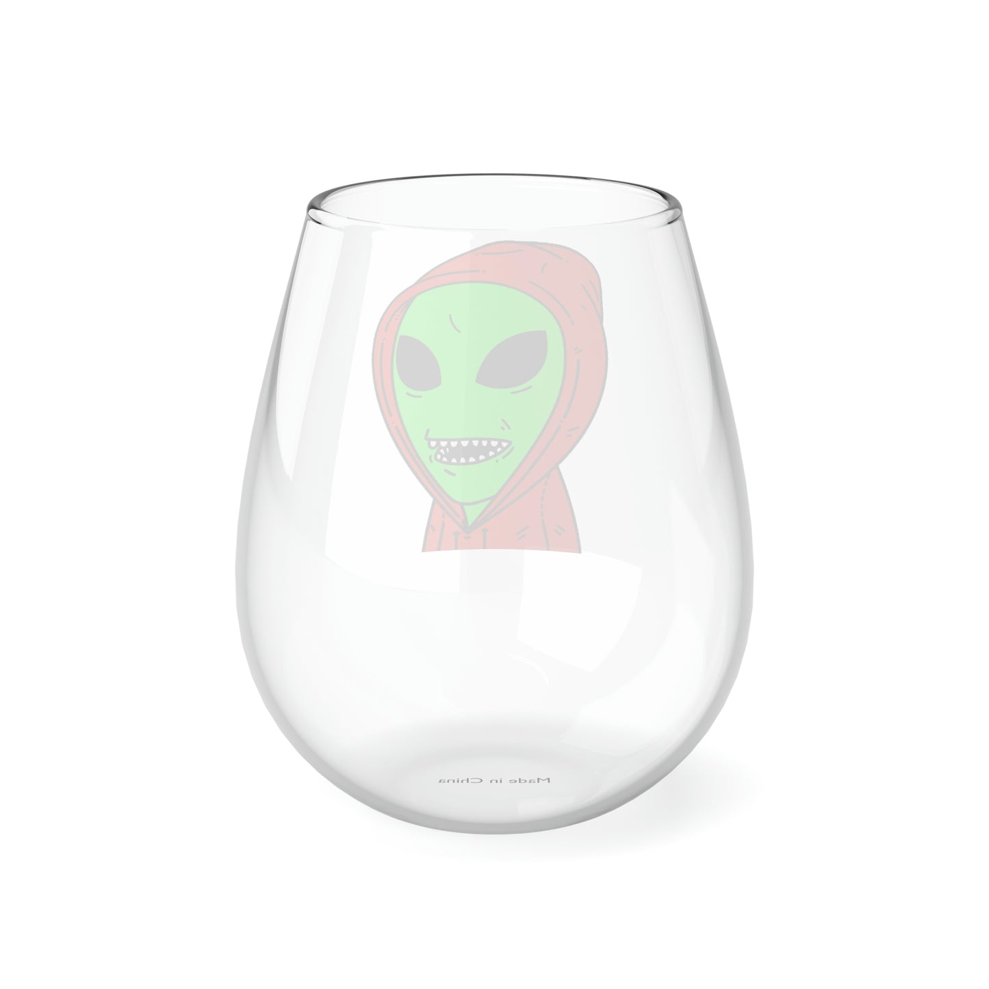 Red Hooded Green Visitor Big Bite Teeth Stemless Wine Glass, 11.75oz