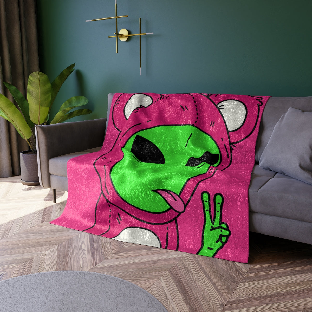 Pink Bear Green Peace Hand Tongue Visitor Alien Crushed Velvet Blanket