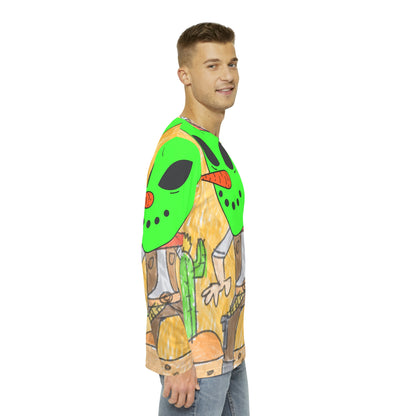 Cowboy Pistol Gun Draw Alien Veggie Visi Vegetal Visitante Camisa AOP de manga larga para hombre 