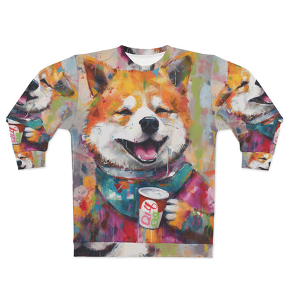 Arte estilo graffiti Shiba Inu bebiendo café: sudadera unisex de diseño colorido, feliz y post-apocalíptico (AOP) 