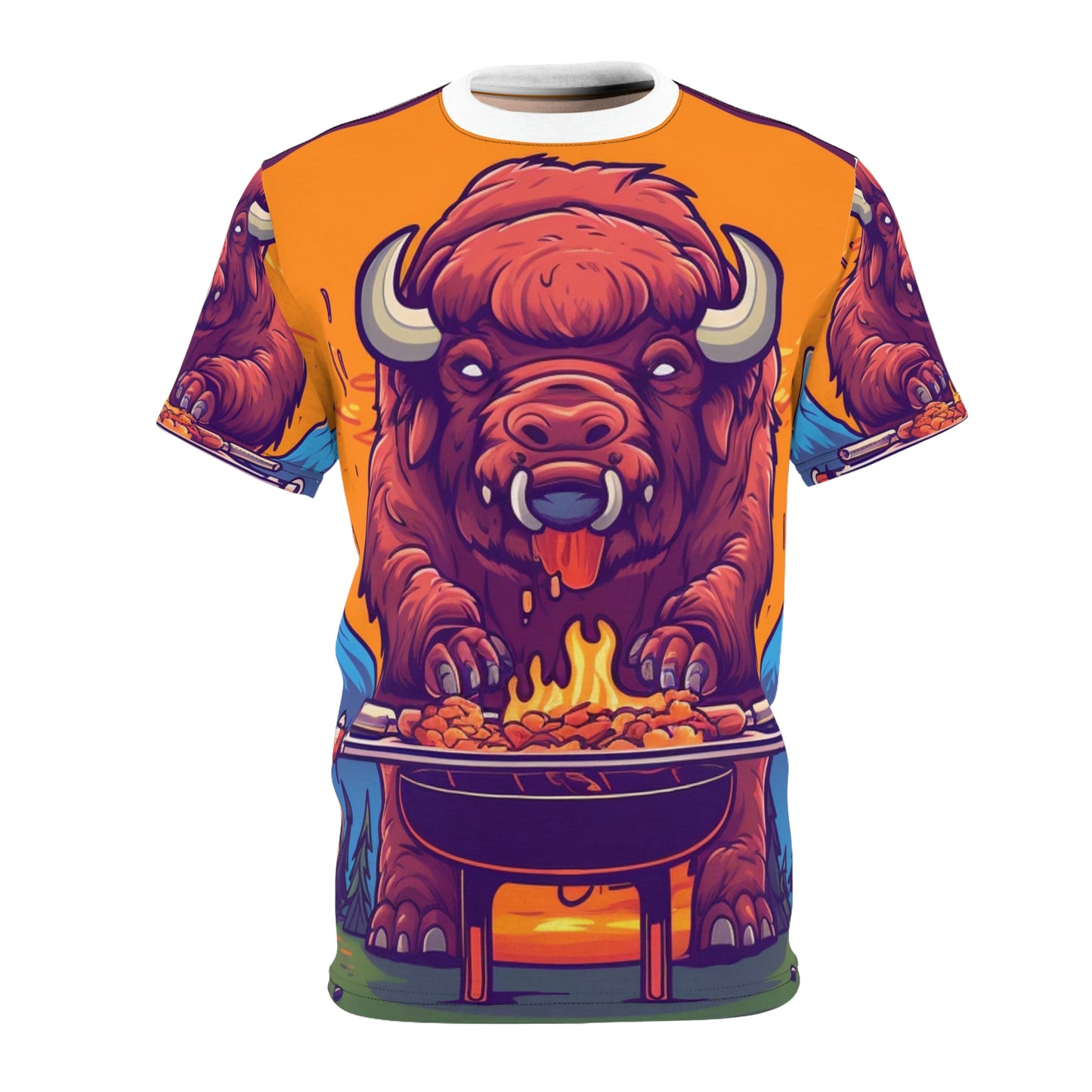 American Bison Grill Cook Food Buffalo Graphic Camiseta unisex cortada y cosida (AOP)