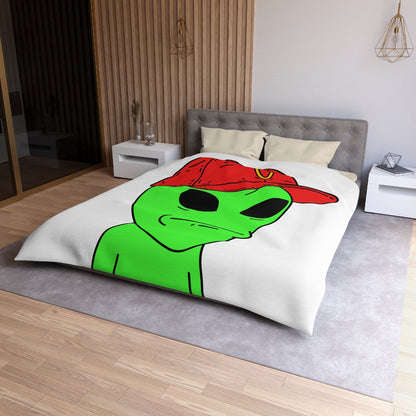 Green Visitor Alien Large Face Red V Hat Microfiber Duvet Cover