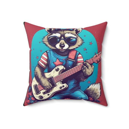 Patriotic Rock 'n' Roll Raccoon: Furry Guitar Player Spun Polyester Square Pillow