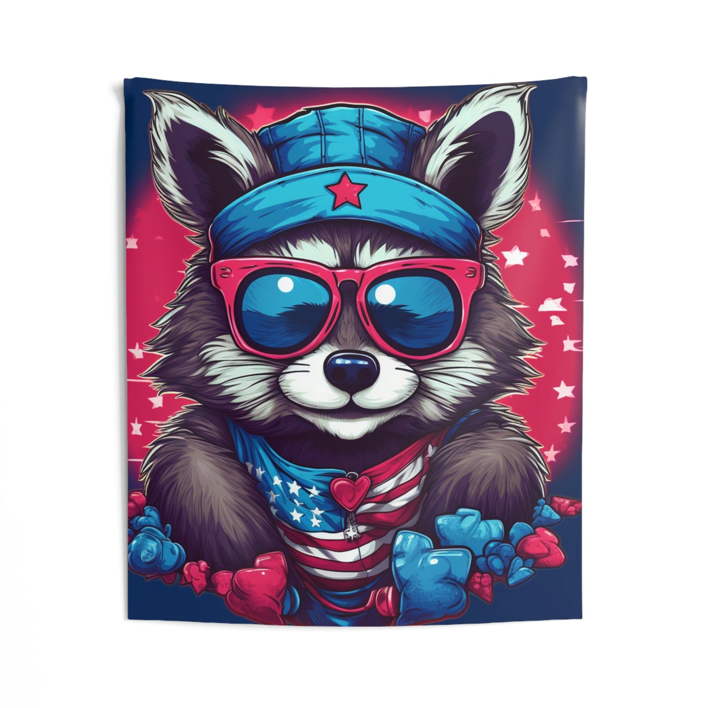 Cute Furry Raccoon Animal USA Flag Style Indoor Wall Tapestries