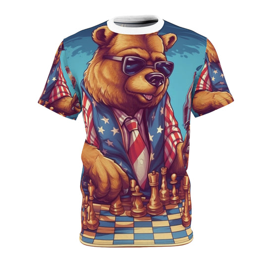 Checkmate Patriotism: Patriotic Bear's Chess Game 4th of July Style Unisex Cut & Sew Tee (AOP)