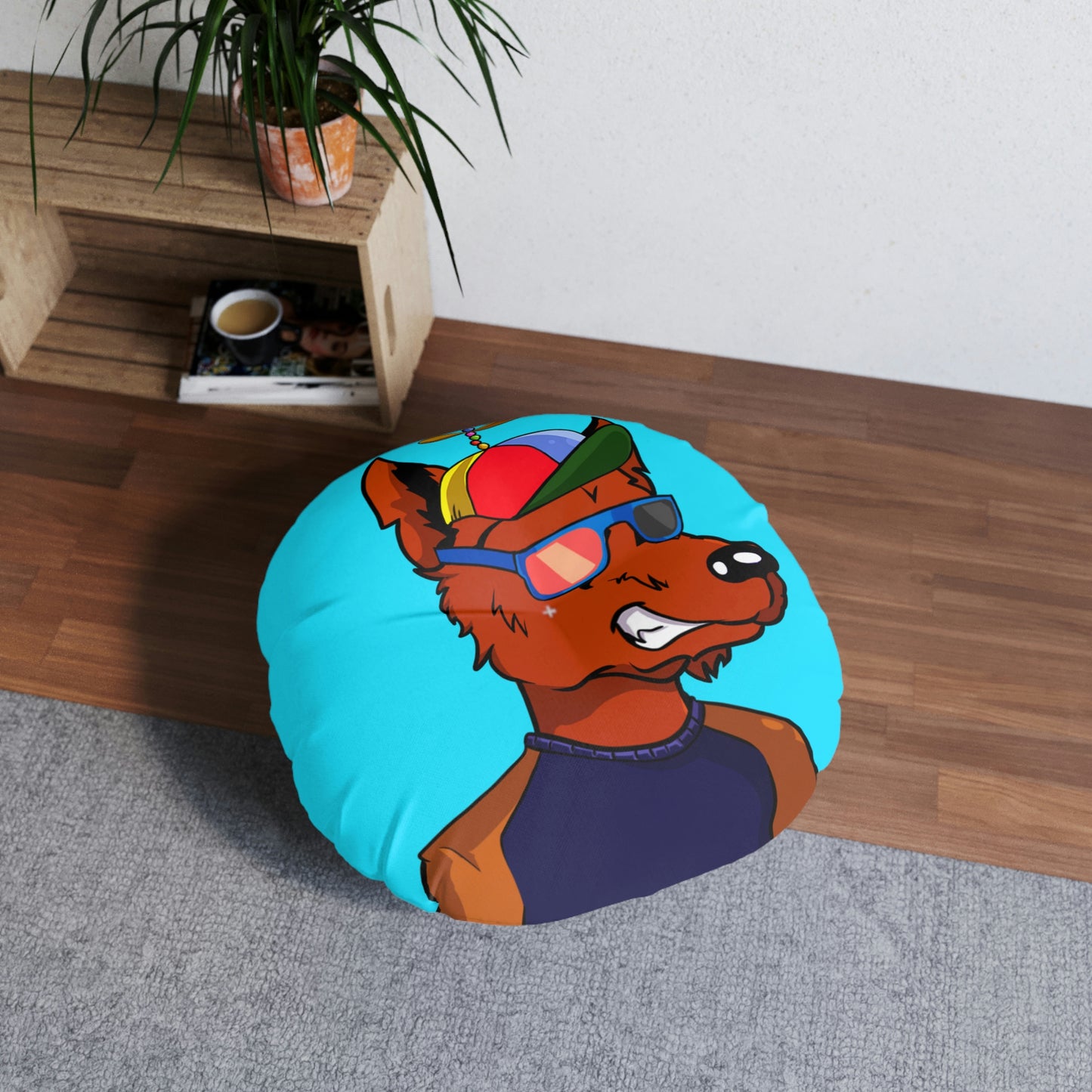 Almohada de suelo con diseño de lobo y sombrero de hélice, redonda 