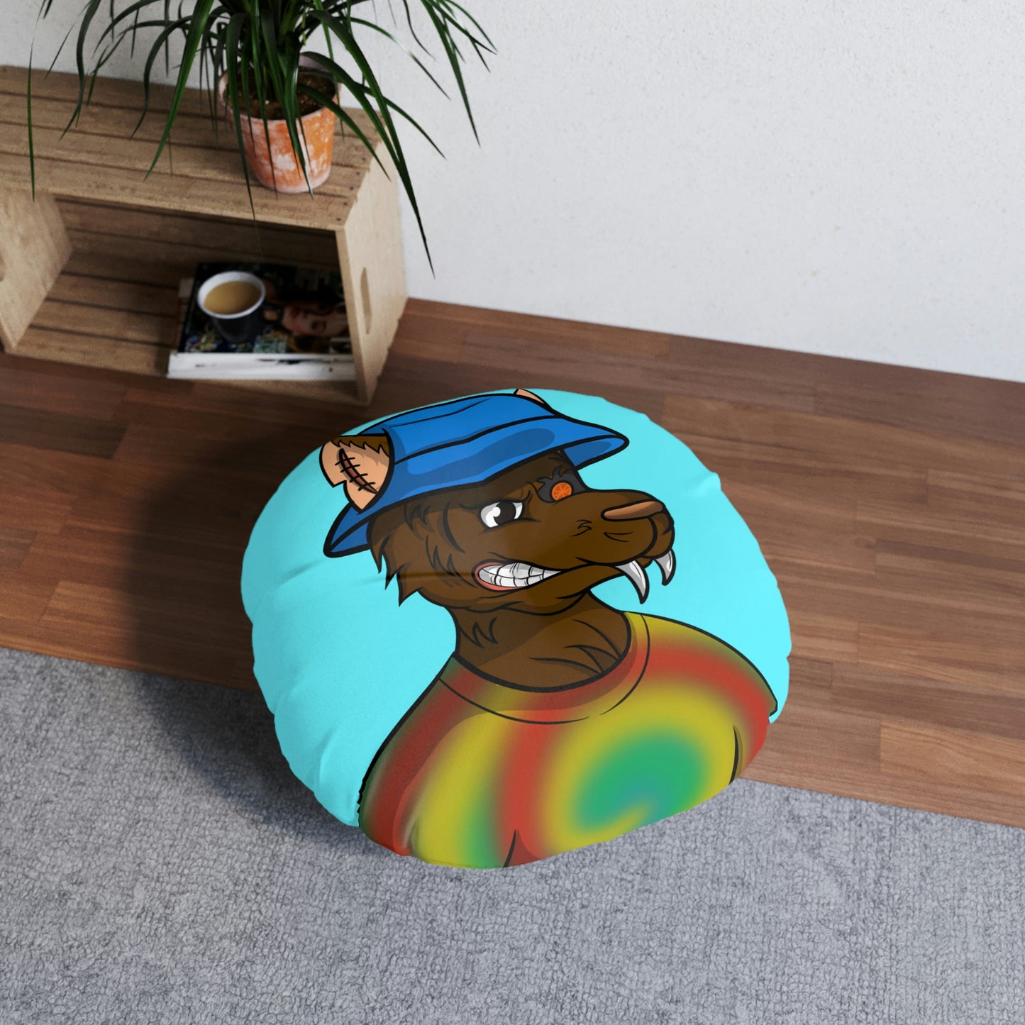 Brown Wolf Fur Cyborg Wolve Bucket Hat Tie Dye Shirt Tufted Floor Pillow, Round