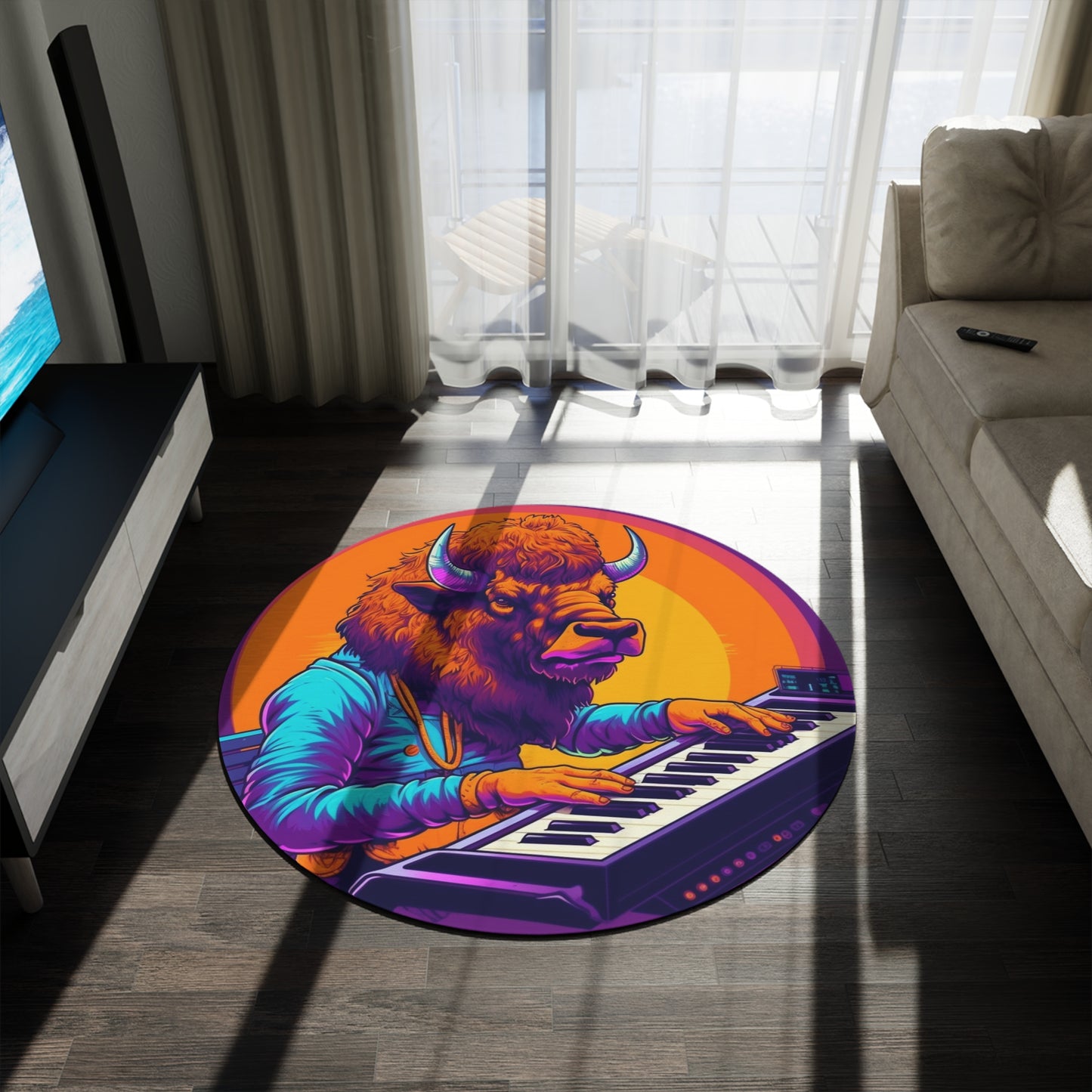 American Bison Buffalo PianoKeyboard Music Player Round Rug