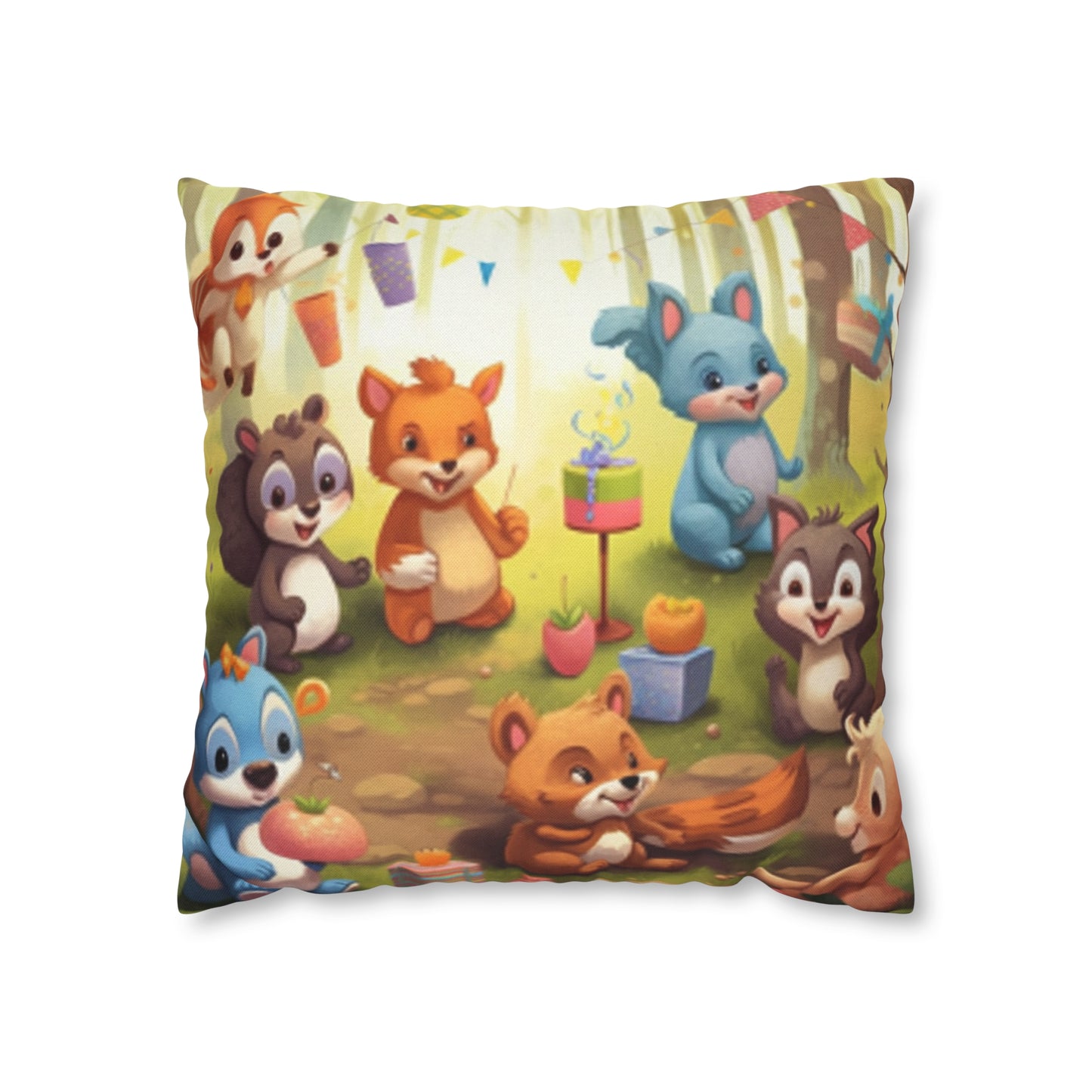 Nursery Art - Cartoon Forest Animals Party Design Spun Polyester Square Pillow Case