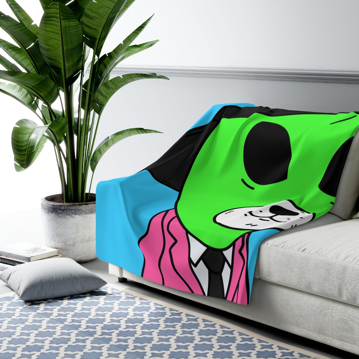 White Bear Dog Face Pink Suit Green Alien Visitor Black Cap Sherpa Fleece Blanket