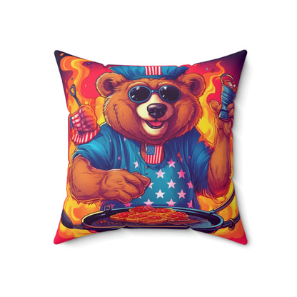 Patriotic Bear's BBQ Bash: Grill and Chill this 4th of July USA Spun Polyester Square Pillow