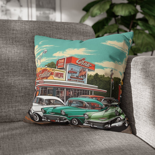 Funda de almohada cuadrada de poliéster hilado con ilustraciones retro de la colección de coches clásicos de los años 50