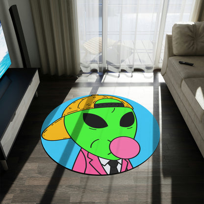 Pink Suit Bubble Gum Visitor Green Alien with Yellow Cap Round Rug - Visitor751