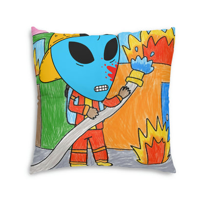 Fireman Fire Fighter Alien Blue Blood Visitor Hero Tufted Floor Pillow, Square