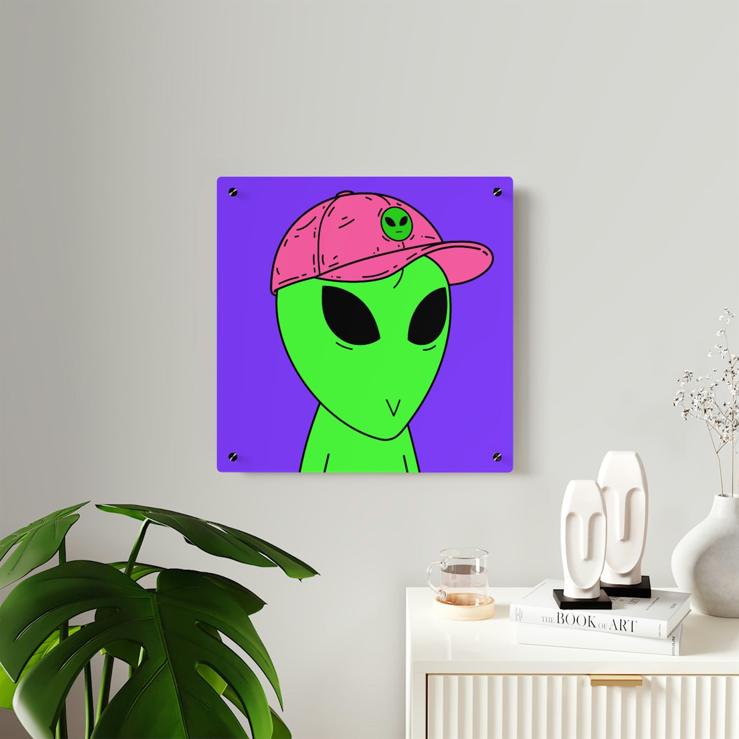 Green Alien V Face Pink Visi hat Visitor Acrylic Wall Art Panels