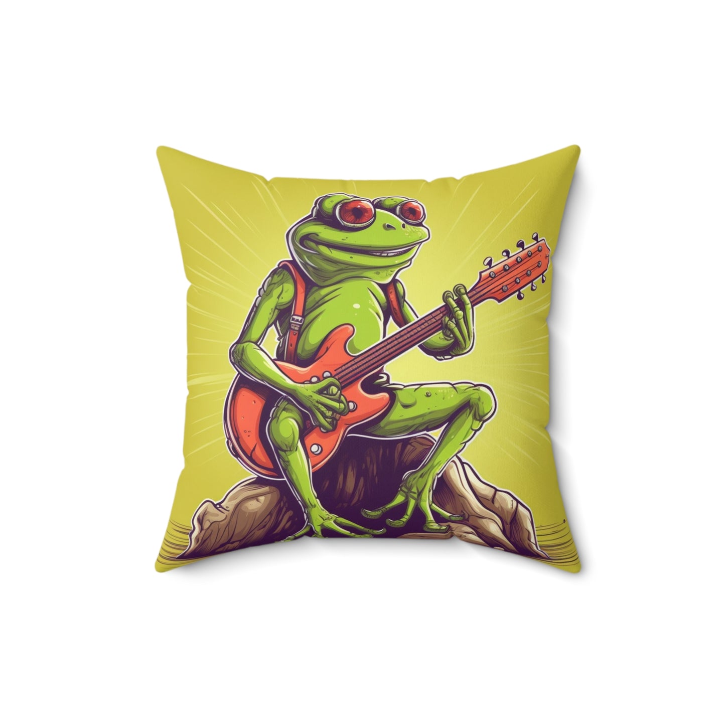 Rock Star Frog ontop Log Guitarist Graphic Instrumental Spun Polyester Square Pillow