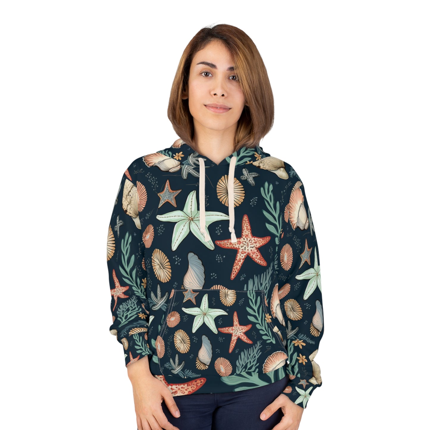 Sudadera con capucha unisex con diseño de conchas marinas y estrellas de mar dibujadas a mano (AOP)