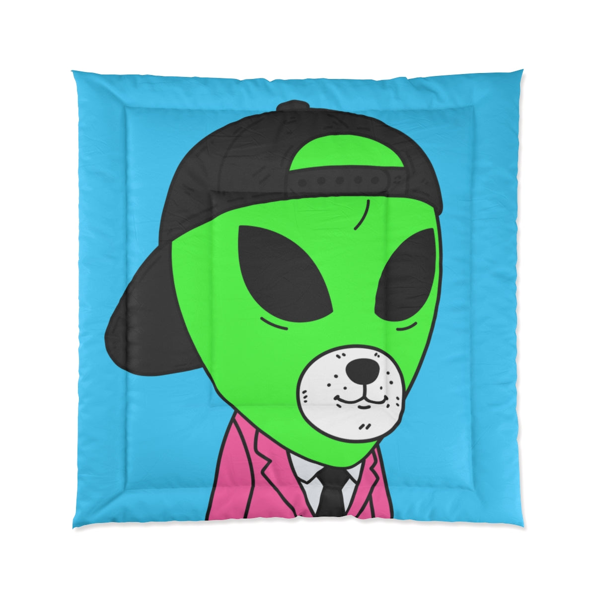 White Bear Dog Face Pink Suit Green Alien Visitor Black Cap Bed Comforter