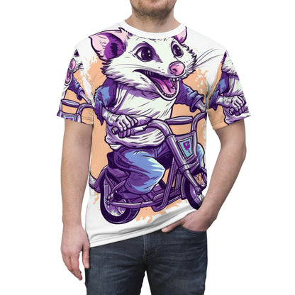 Bike Opossum Riding Pop Culture Graphic Unisex Cut & Sew Tee (AOP)