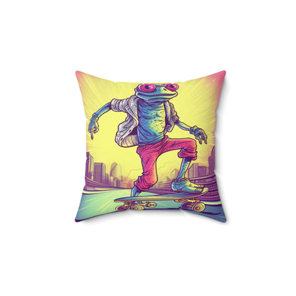 City Frog Skate Board Rider Playful Fun Anime Graphic Spun Polyester Square Pillow