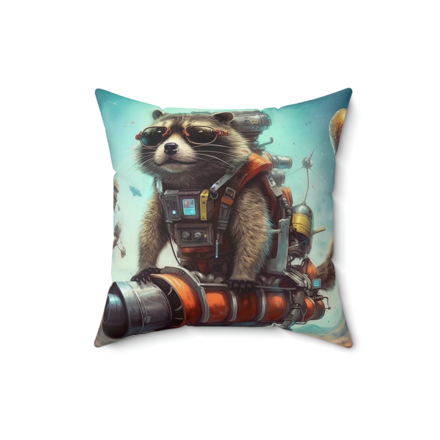 Raccoon Space Traveler Galactic Rocket Animal Spun Polyester Square Pillow