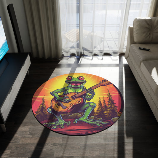Classic Frog ontop a log Style Guitar Playing Musician Round Rug