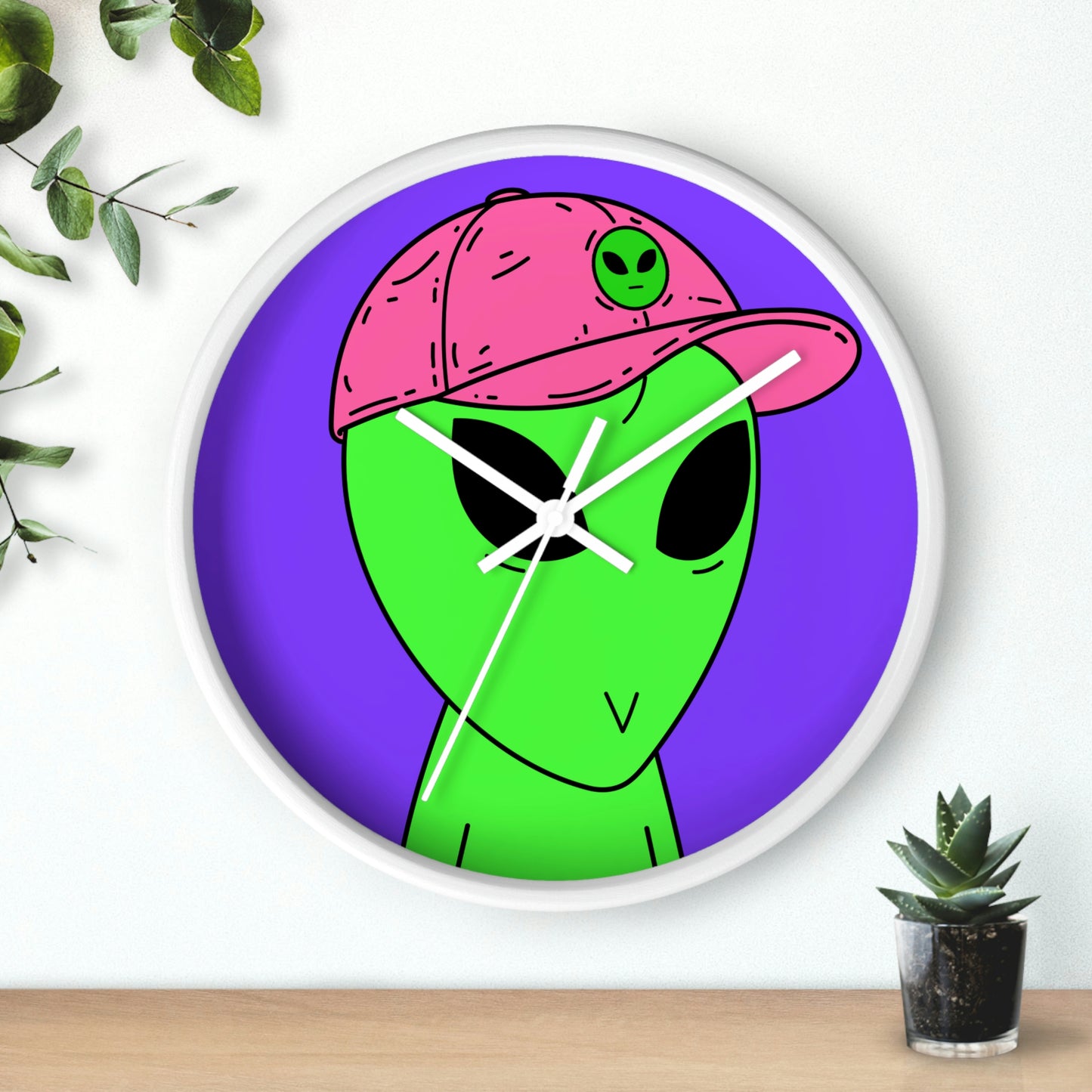 Green Alien V Face Pink Visi hat Visitor Wall clock