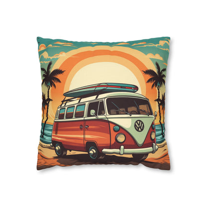 Retro Beach Camper Van - Sunset Surfboard Scene Spun Polyester Square Pillow Case