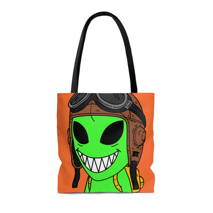 Aviator Flying Cap Green Alien Visitor Big Smile Teeth Yellow Backpack AOP Tote Bag