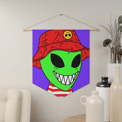 Alien Character Cartoon Red Hat Striped Shirt Big Smile Pennant