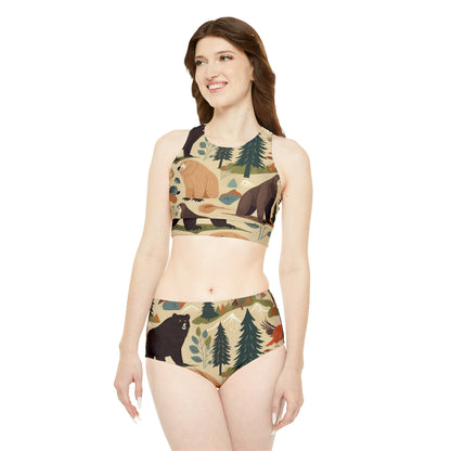 U.S. Wilderness Inspired: Grizzly Bears, Animals Pattern Sporty Bikini Set (AOP)