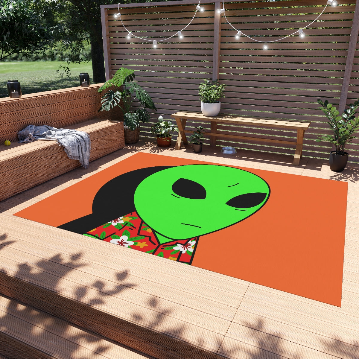 Hawaiian Shirt Green Alien Visitor Shadow Outdoor Rug