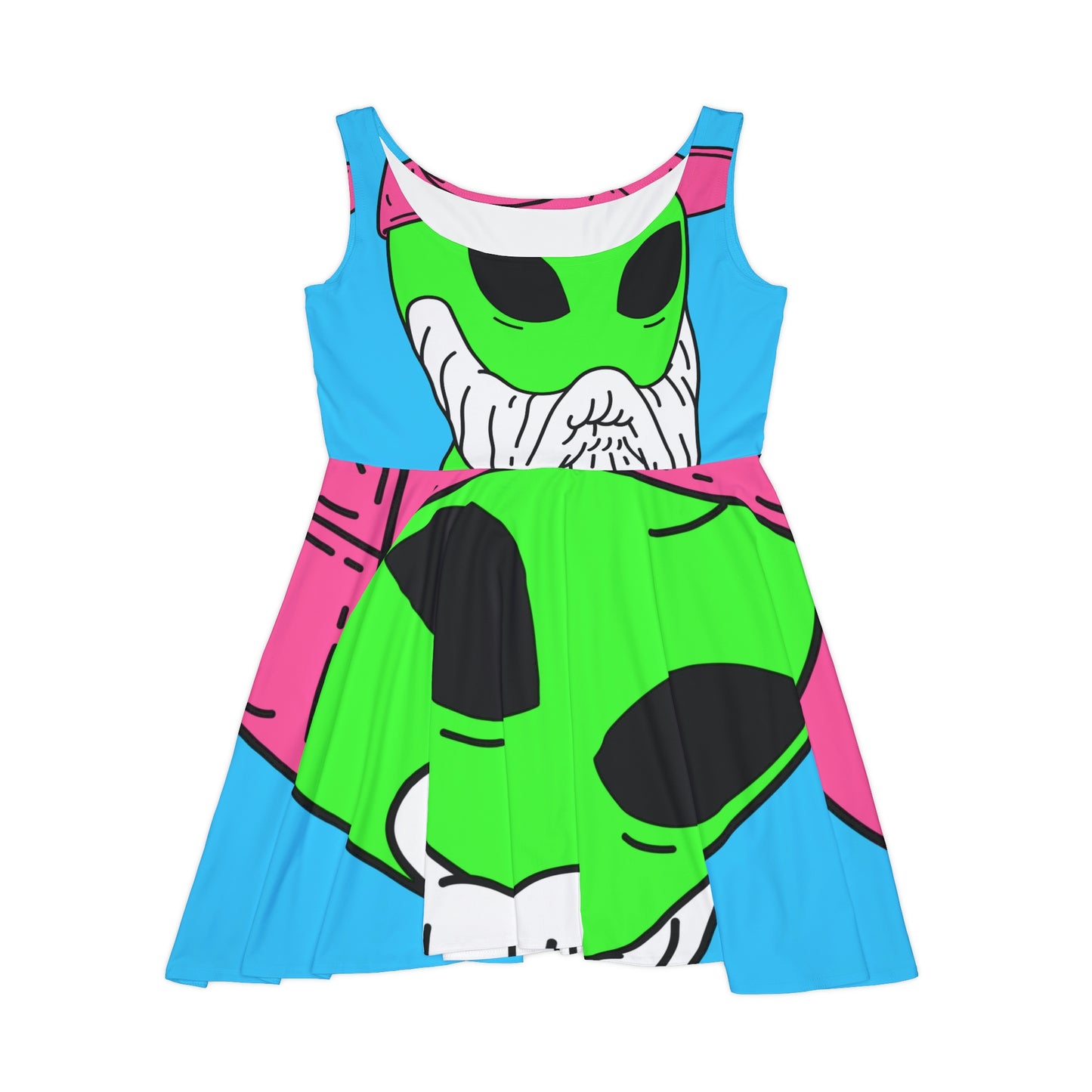 Beard Visitor Pink Hat Alien Cartoon Women's Skater Dress (AOP)