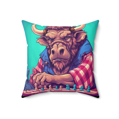 Chess Game Champ Master Bison Buffalo Style Spun Polyester Square Pillow