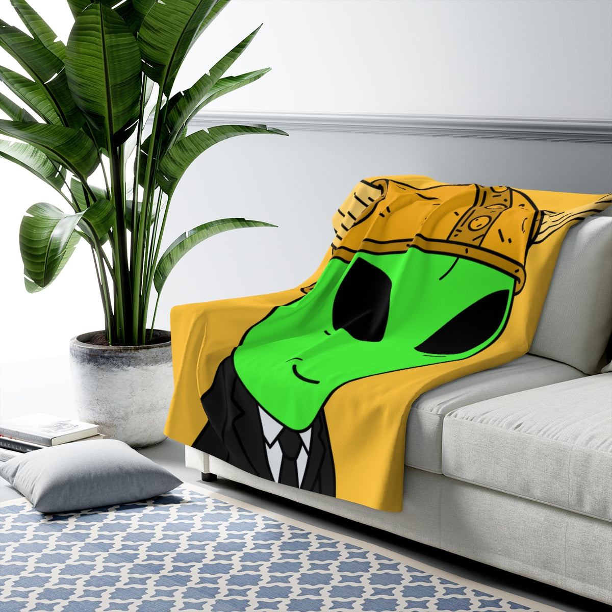 Green Smirk Face Alien Viking Helmet Black Business Suit Visitor Sherpa Fleece Blanket