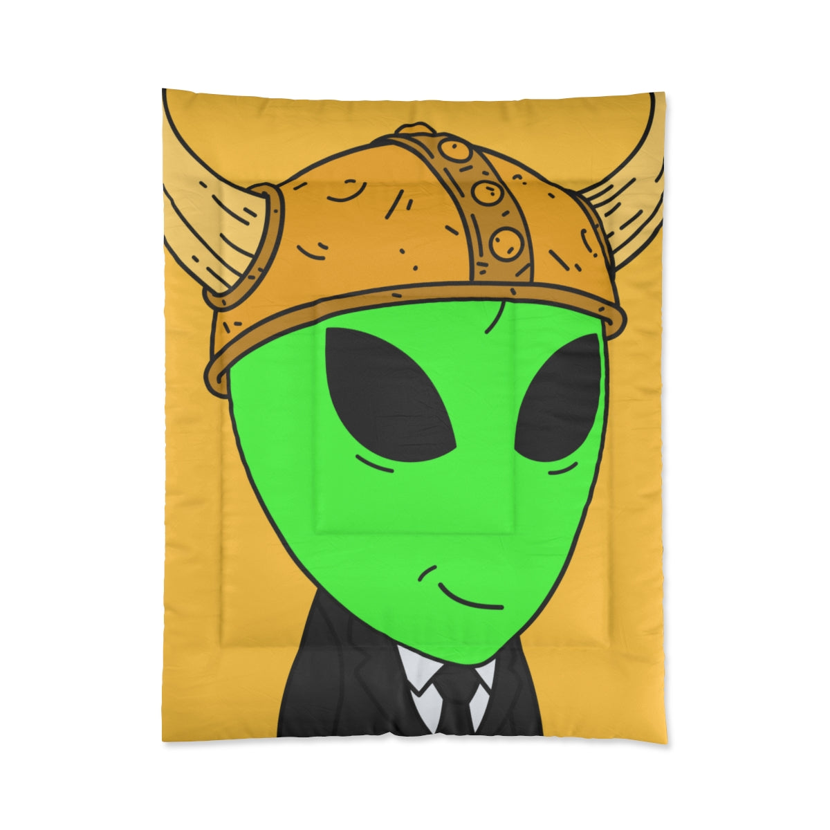 Green Smirk Face Alien Viking Helmet Black Business Suit Visitor Bed Comforter