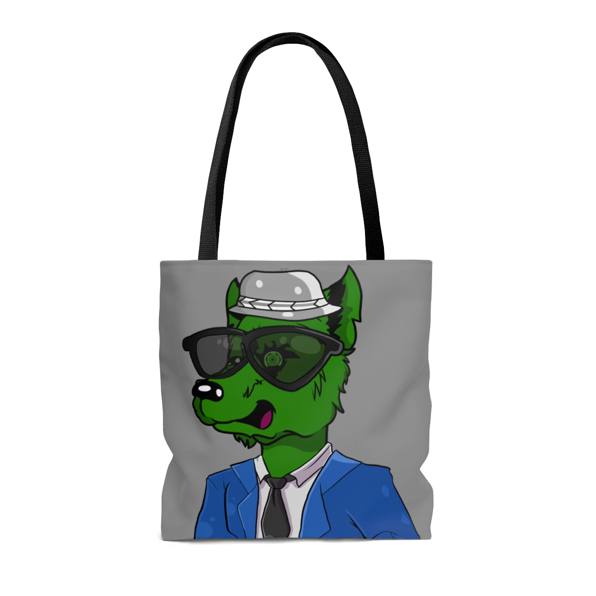 Cyborg Wolf Blue Suit Black Tie Green Wolve Fur Black Shades grey Fedora AOP Tote Bag