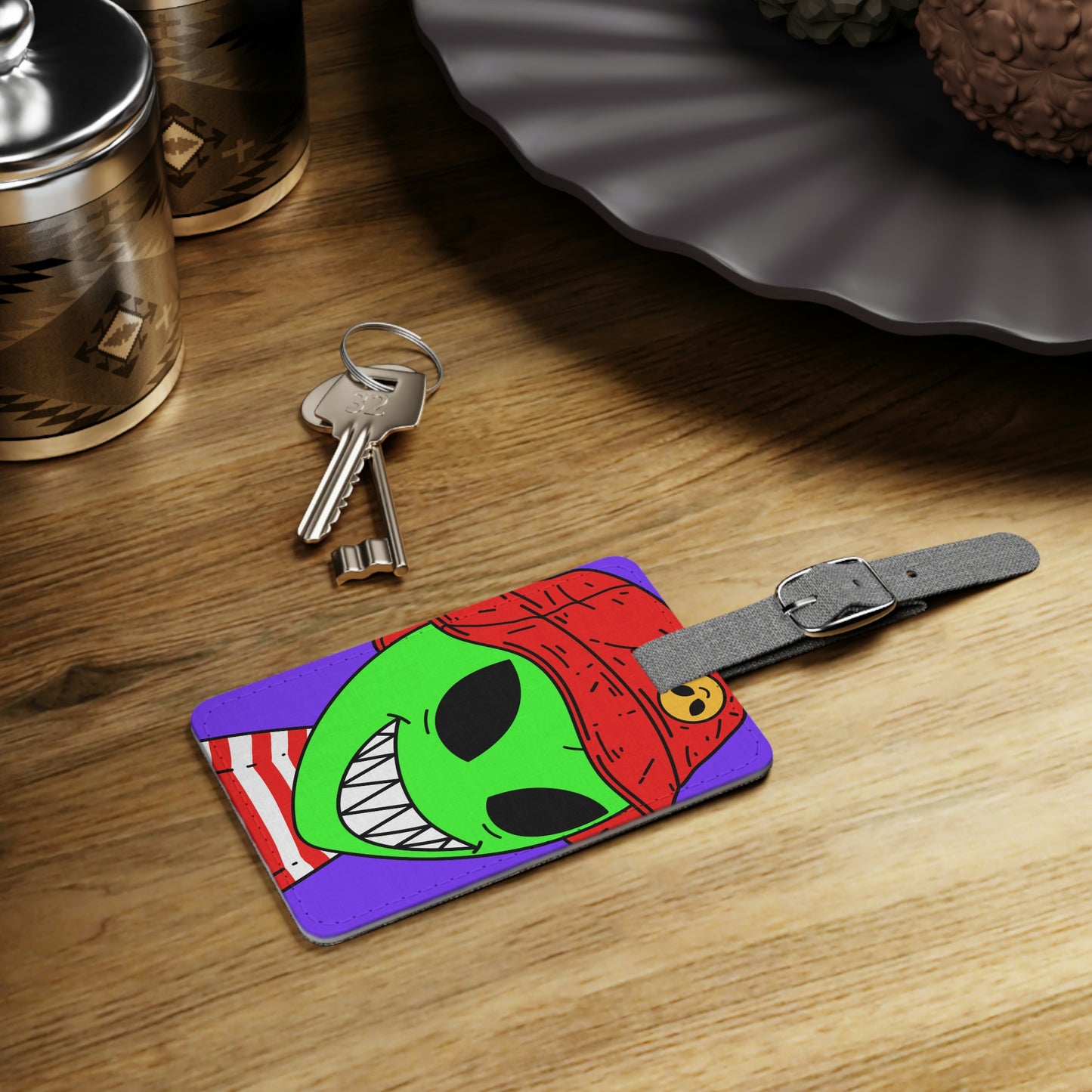 Alien Character Cartoon Big Smile Saffiano Polyester Luggage Tag, Rectangle