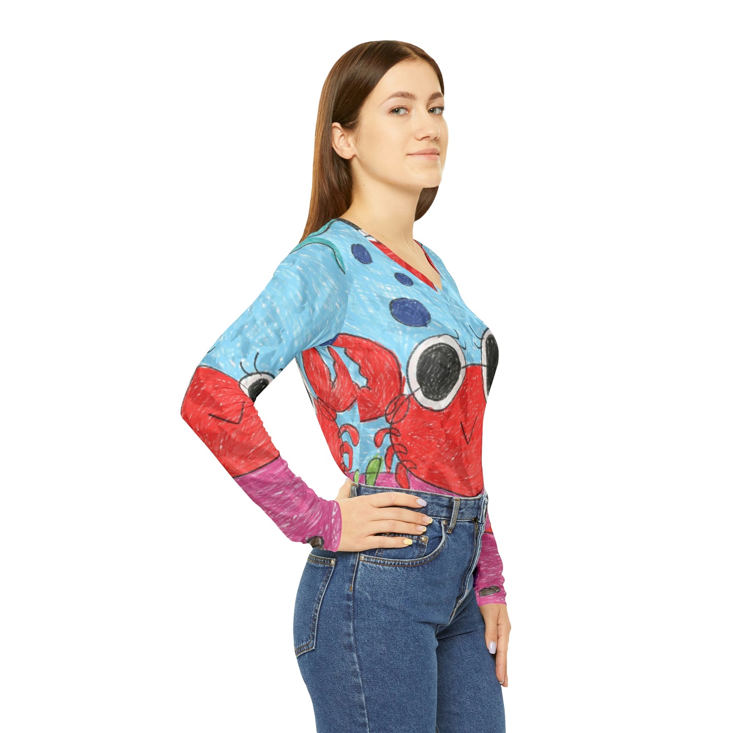 Camisa de manga larga con cuello en V para mujer Lobster Crab Graphic Sea Lovers 