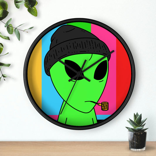 Pipe Smoking Green Alien Black Beanie Wall clock